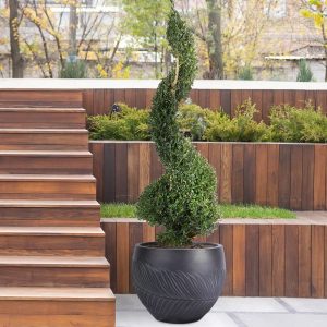 HORTICO Leaf Embossed Concrete Effect Ball Round Planter, Frostproof Outdoor Plant Pot, Black Round Garden Planter with Drainage Holes brown 38.0 H x 50.0 W x 50.0 D cm