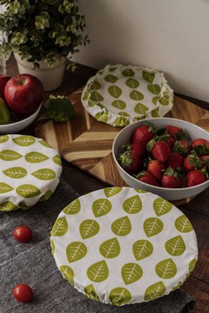 Nuts Innovations Bowl Cover Textile Set Of 3 Green LEaves