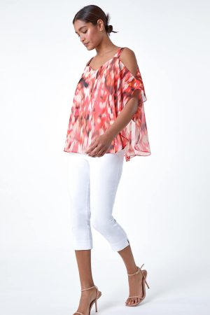 Roman Abstract V-Neck Cold Shoulder Overlay Top in Red 20 female