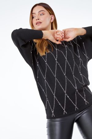 Roman Batwing Sleeve Embellished Jumper in Black 10 female