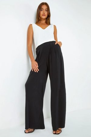 Roman Button Detail Wide Leg Stretch Trousers in Black 16 female