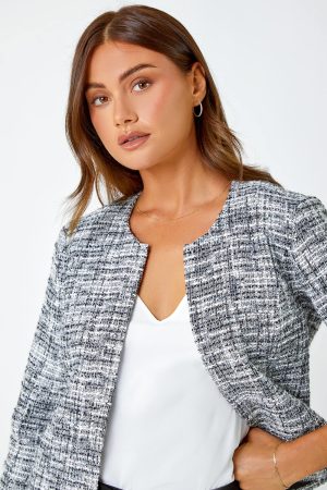 Roman Collarless Cropped Boucle Jacket in Black 16 female