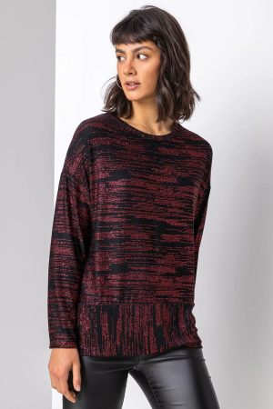 Roman Contrast Shimmer Stripe Print Top in Red 10 female