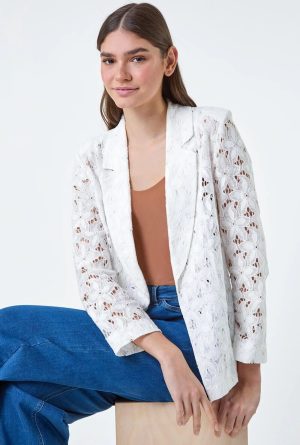 Roman Cotton Blend Floral Lace Jacket in Ivory 10 female