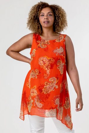 Roman Curve Curve Paisley Print Chiffon Tunic Vest Top in Orange 28 female
