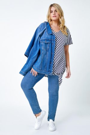 Roman Curve Curve Stripe Side Tie Stretch Top in Navy 20 female