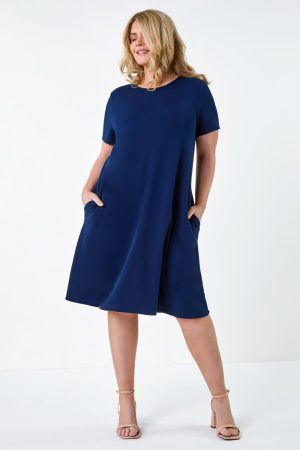 Roman Curve Roman Originals Curve Plain Pocket Stretch Swing Dress in Navy - Size 2224 2224 female
