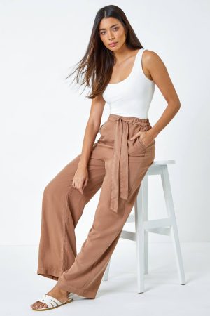 Roman Elastic Tie Waist Wide Leg Trousers in Tan 12 female