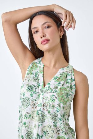 Roman Floral Burnout Print V-Neck Vest Top in Green 18 female