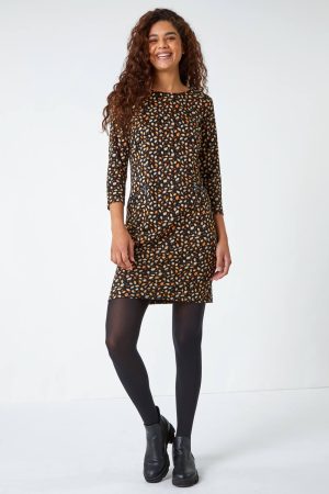 Roman Leaf Print Zip Pocket Shift Dress in Orange - Size 18 18 female