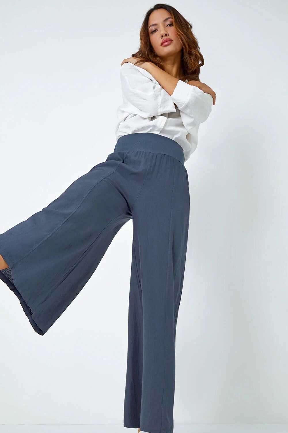 Roman Linen Blend Wide Leg Trousers in Denim M female MySupermarketCompare