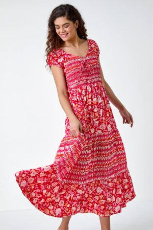 Roman Mixed Print Shirred Midi Dress in Red - Size 20 20 female