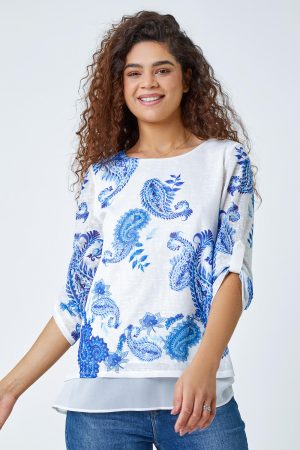 Roman Paisley Print Double Layer Top in Blue 12 female