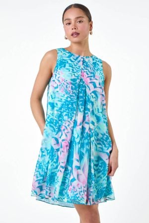 Roman Petite Roman Originals Petite Abstract Print Pleat Neck Dress in Turquoise - Size 16 16 female