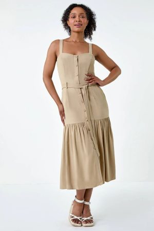 Roman Petite Roman Originals Petite Button Front Tiered Midi Dress in Stone - Size 10 10 female