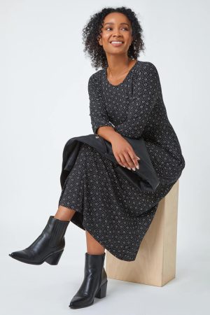 Roman Petite Roman Originals Petite Spot Pocket Stretch Ruched Midi Dress in Black - Size 8 8 female