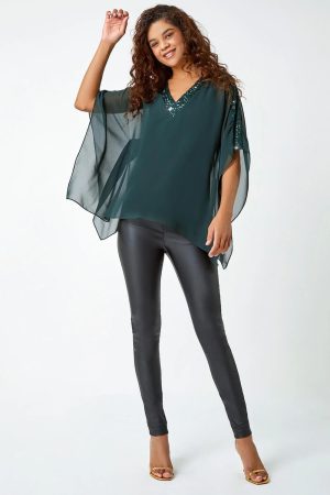 Roman Sequin Trim Chiffon Overlay Tunic Stretch Top in Green 18 female