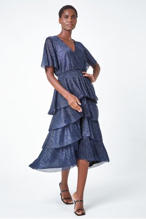 Roman Shimmer Chiffon Tiered Midi Dress in Midnight Blue 12 female