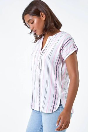 Roman Stripe Print Button Detail V-Neck Top in Pink 20 female
