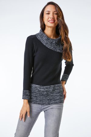 Roman Textured Button Detail Longline Jumper in Black 20 female