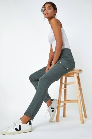 Roman Turn Up Stretch Cargo Trousers in Khaki 10 female