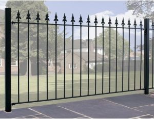Rosalind Wheeler Pinkley Spear Top Metal Garden Fence Panel 183cm Gap x 95cm H black 95.0 H x 181.0 W x 1.0 D cm