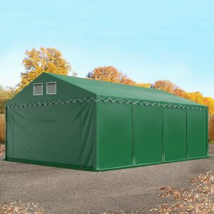 Toolport 5x8m 2.6m Sides Storage Tent / Shelter w. ground frame, PVC 800, dark green with statics package (concrete anchors) - (68592)