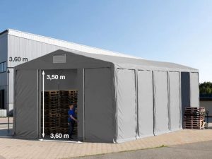 Toolport 8x12m 3.6m Sides Storage Tent / Shelter w. ground frame and sliding door, PVC 850, grey with statics package (concrete anchors) - (94061)
