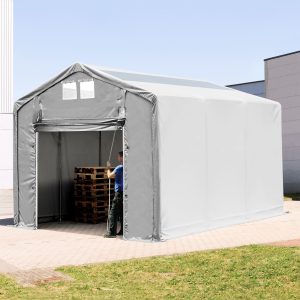 Toolport 4x6m - 3.0m Sides PVC Industrial Tent with pull-up gate and skylights, PVC 850, grey with statics package (soft ground anchors) - (93848)