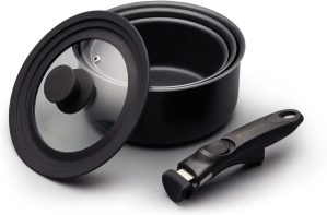MasterClass Smart Space Set of Three Stacking Induction-Safe Non-Stick Pans black/gray 14.0 H x 21.0 W cm