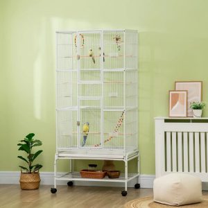 PawHut 180Cm Steel Flight Cage with Wheels blue/gray 180.0 H x 53.0 W x 83.0 D cm