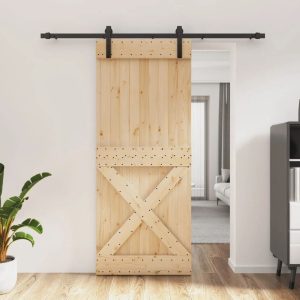 Vidaxl Sliding Door With Hardware Set 100X210 Cm Solid Wood Pine brown/green 210.0 H x 85.0 W x 3.6 D cm