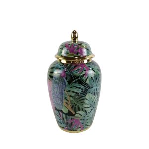 17 Stories Abdulkader Modern Ceramic Ginger Jar with Lid, Stylish Living Room Decor green/pink 32.8 H x 18.5 W x 18.5 D cm