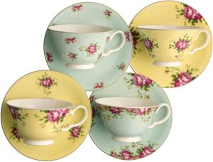 Belleek Home Archive Rose Teacup and Saucer Set blue/yellow 6.4 H cm